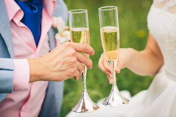 champagne glasses in their hands the bride and groom