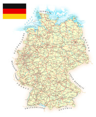 Germany - detailed map - illustration. Map contains topographic contours, country and land names, cities, water objects, roads, railways.