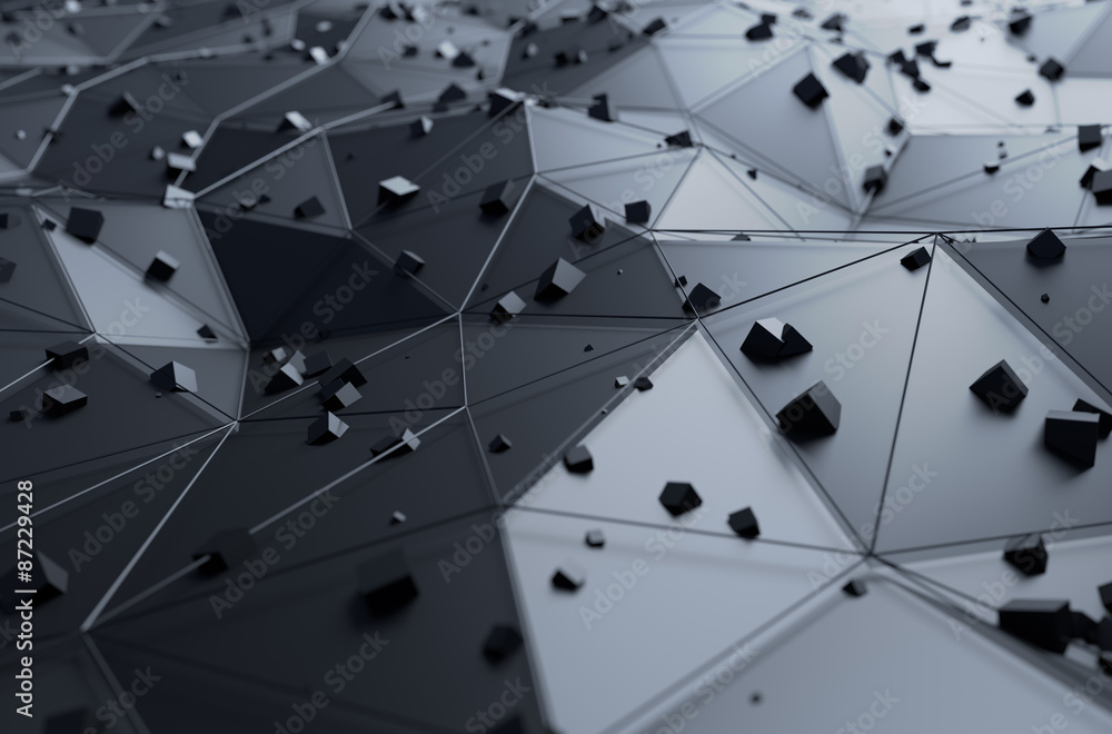 Poster abstract 3d rendering of surface with chaotic cubes.