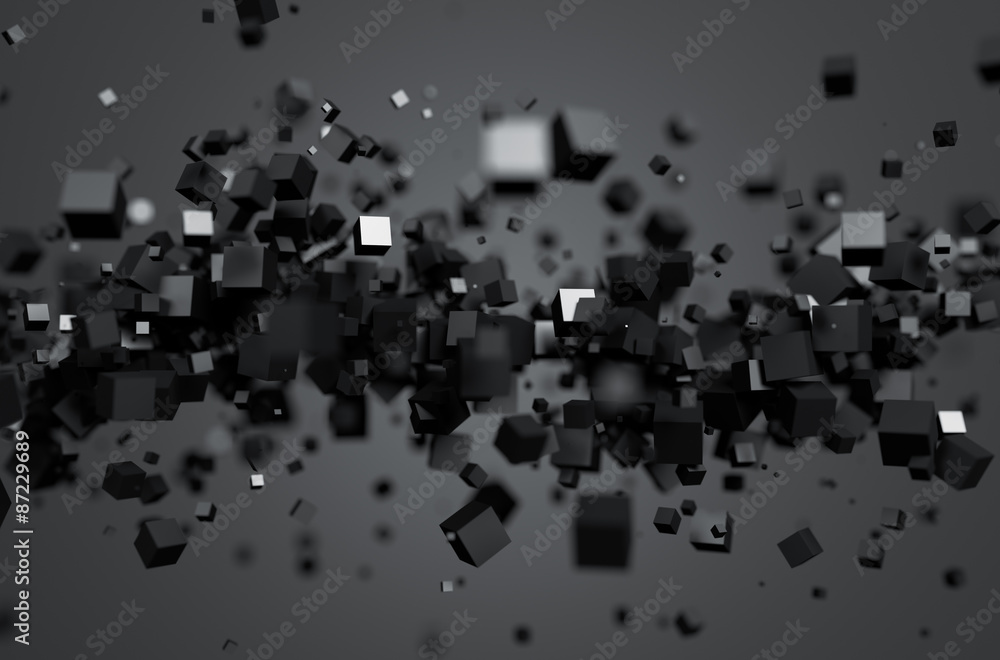 Poster abstract 3d rendering of flying cubes.