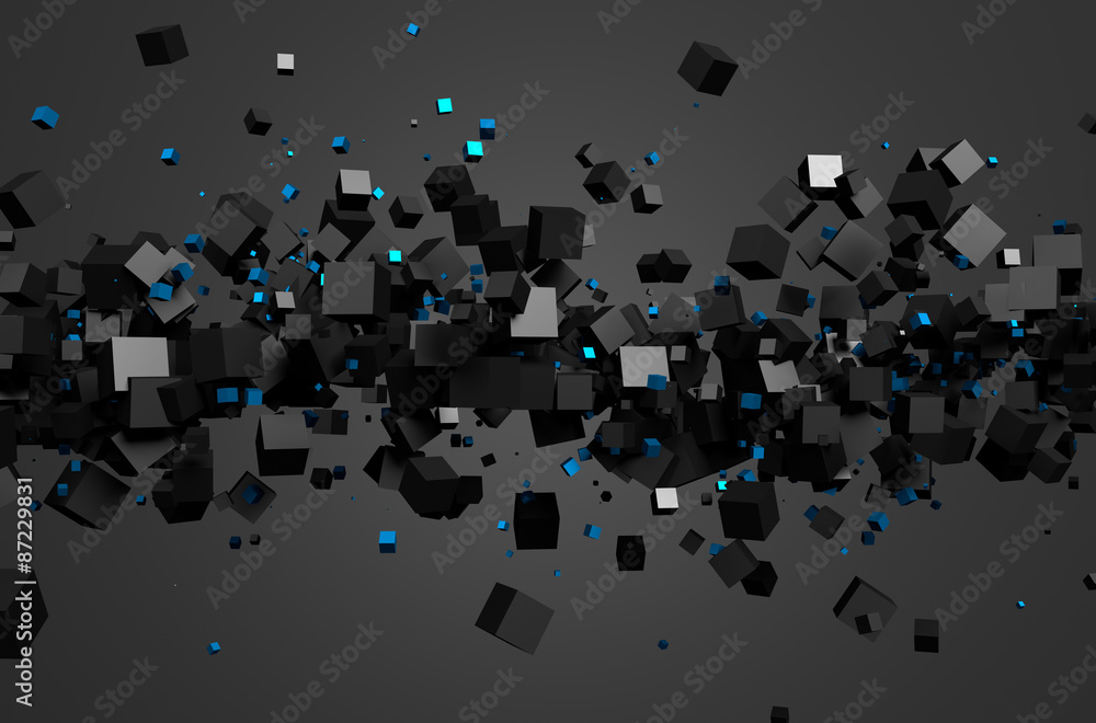 Poster abstract 3d rendering of flying cubes.