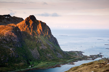 Fototapeta premium road to mountains, Lofoten Islands in Norway