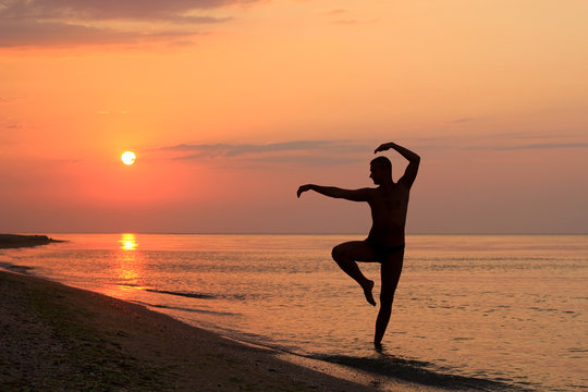man silhouette doing wushu poses on the beach at sunrise © Elena Zarubina