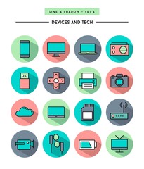 set of flat design,long shadow, thin line devices and tech icons