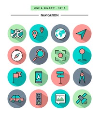 set of flat design,long shadow, thin line navigation icons