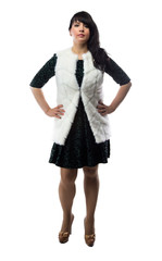 Photo of pudgy woman in white fur jacket