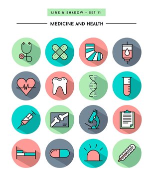 set of flat design,long shadow, thin line medicine and health icons