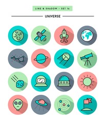 set of flat design,long shadow, thin line universe icons