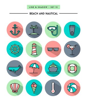 set of flat design,long shadow, thin line beach and nautical icons