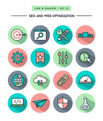 set of flat design,long shadow, thin line seo and web optimization icons