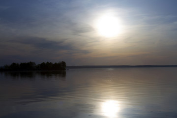 island on a river, sunset on a river