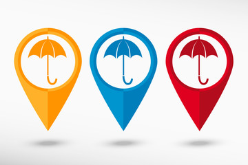 Umbrella map pointer, vector illustration. Flat design style