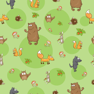 Seamless pattern with cute cartoon forest animals on a green background.
