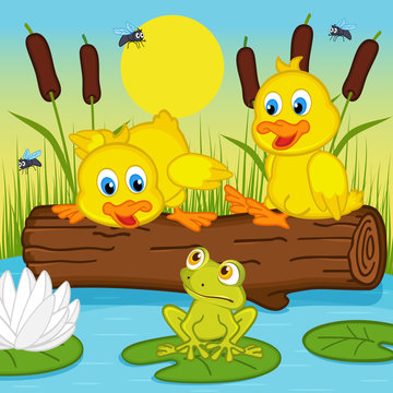 ducklings looking at frog - vector illustration, eps