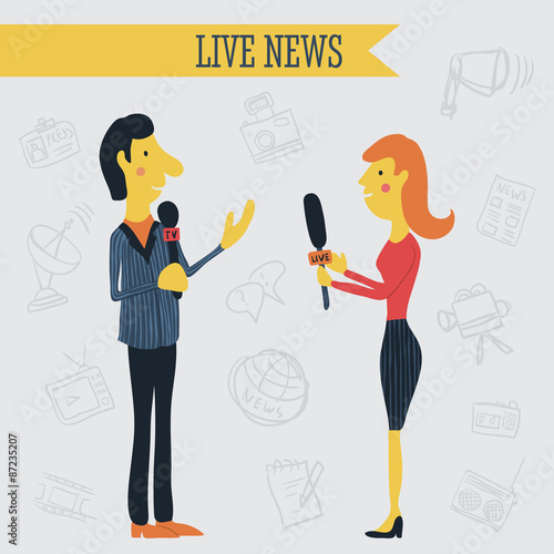 Journalist News Reporter Interview Holding Microphones On Background Of Hand Drawn Mass Media Icons Vector Journalist News Reporter Interview Holding Microphones On Background Of Hand Drawn Mass Media Icons Vector