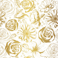 Elegant white pattern with gold flowers. Vector illustration. 