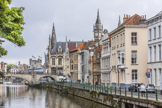 View of picturesque houses along channel in Ghent. Belgium.
