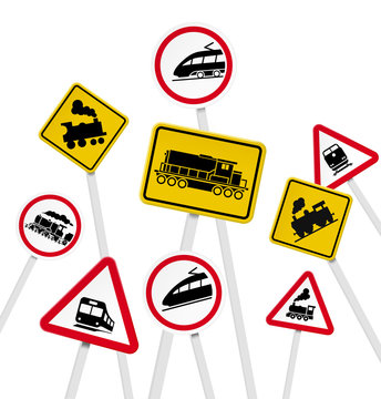 Set of road sign with icons trains isolated on white background.