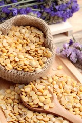 Soya beans on wood background