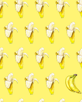 Bananas on a yellow background. Seamless pattern. Watercolor illustration. Tropical fruit. Handwork