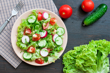 Tomato and cucumber salad with lettuce leafes