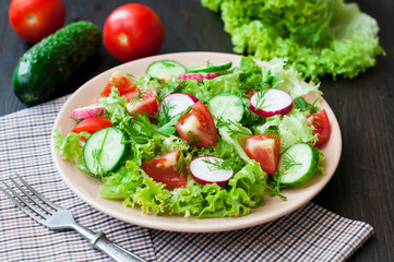 Tomato and cucumber salad with lettuce leafes