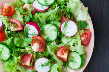 Tomato and cucumber salad with lettuce leafes