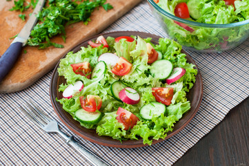 Tomato and cucumber salad with lettuce leafes