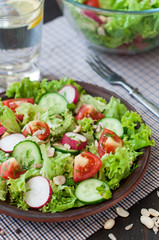 Tomato and cucumber salad with lettuce leafes