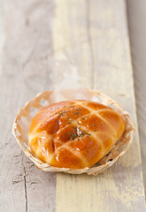 Freshly baked homemade bread in a bamboo basket, Selective focus