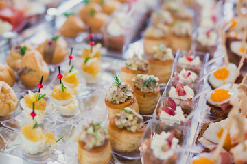 Beautifully decorated catering banquet table with different food snacks and appetizers with sandwich, caviar, fresh fruits on corporate party event or wedding celebration