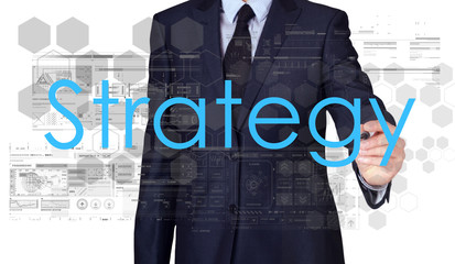 Businessman sketching and writing strategy on white background