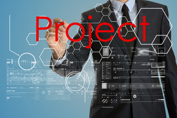 businessman writing project and drawing graphs and diagrams