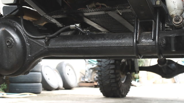 Suspension And Components Under The Car. Parts And Undercarriage Of Truck.