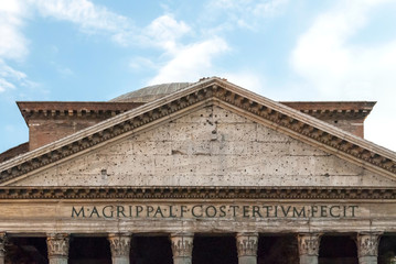 Fototapeta na wymiar Detail of the Upper Portico and pediment lettering of the Roman Pantheon II