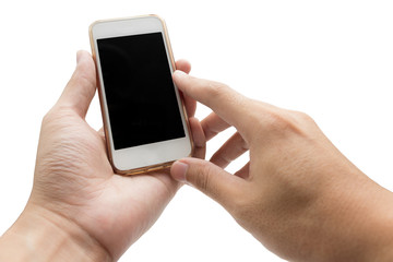 Hands Using Cell Phone holding smart phone in isolated backgroun