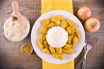 Chicken curry with rice Caribbean. 