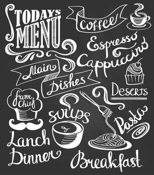 hand-drawn lettering. Cake, pasta, soup, coffee. Cute logos.