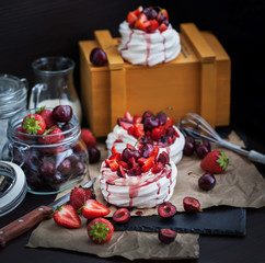  Pavlova meringue cake with fresh strawberry and cherry