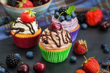 Set of different delicious cupcakes