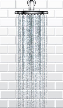 Bathroom rain shower on white brick tiles vector