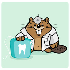 Cartoon beaver dentist holding a dental floss. Vector illustration © stockakia