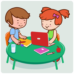 Children students doing their homework. Vector illustration