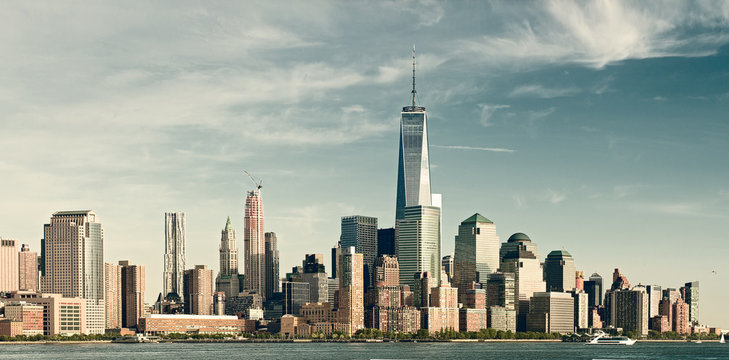 New York City Lower Manhattan Financial  Wall Street District Buildings Skyline On A Beautiful Summer Day Filtered Instagraam Vintage Desaturated Looks