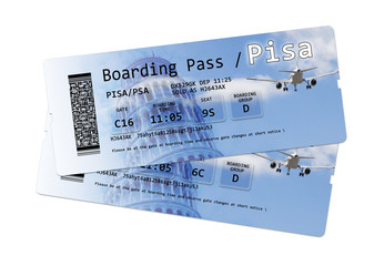 Airline boarding pass tickets to "Pisa International Airport" (Italy, Tuscany).
