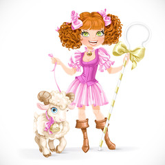  Cute brunette shepherdess with lamb isolated on a white backgro