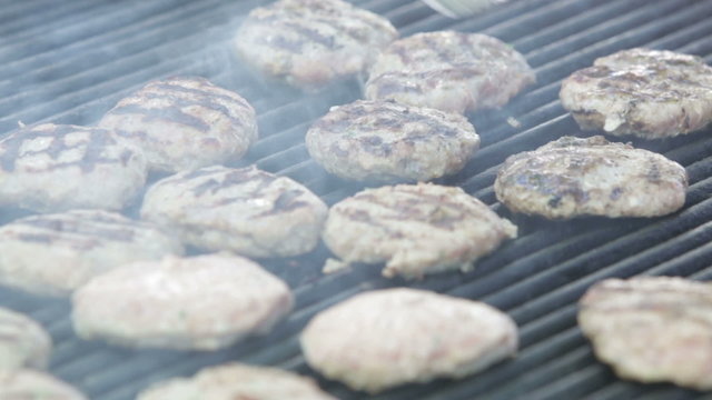 East European babequed meat balls and meat sticks on a grill.
