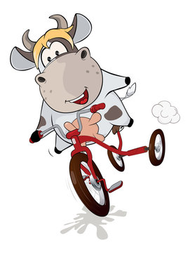 A small cow and tricycle. Cartoon