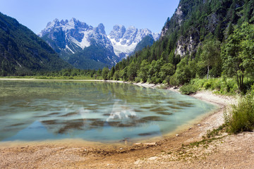 Naklejka na ściany i meble Lake, mountain and forrest in Italian Dolomiti