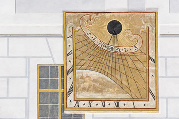 Ancient astronomical clock at Cesky Krumlov Castle, Czech Republ